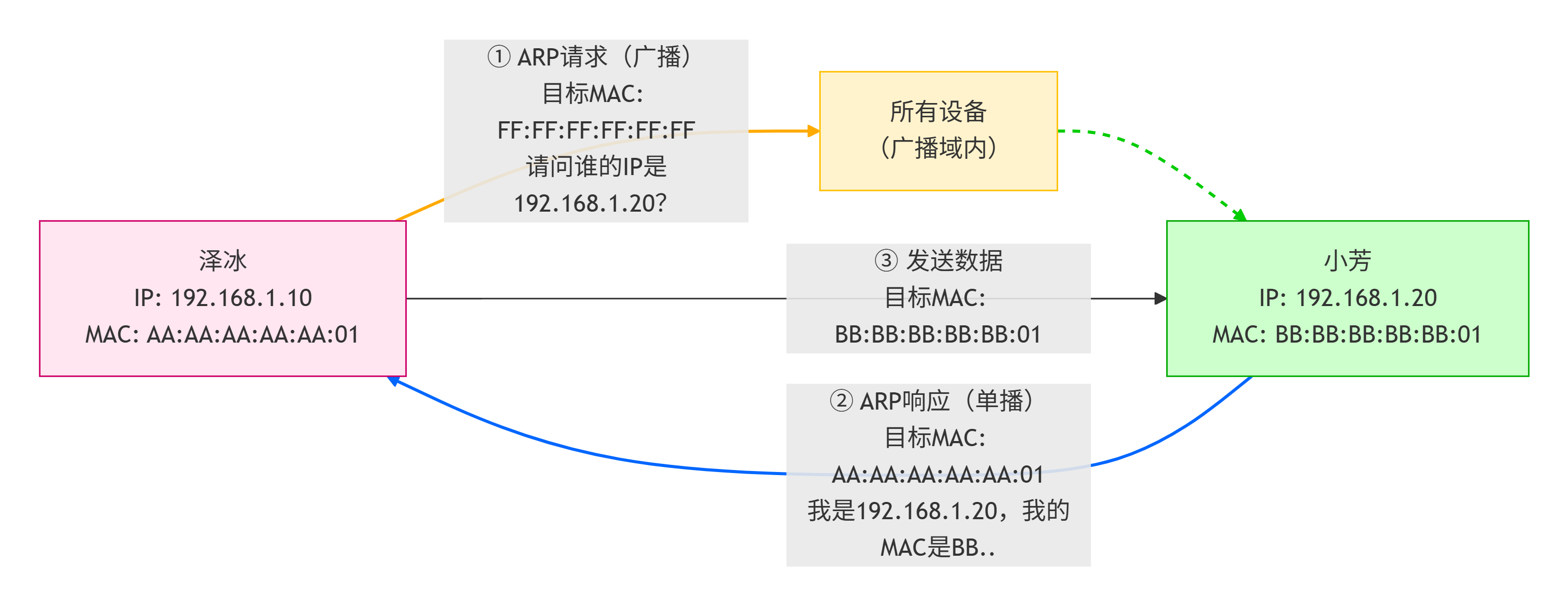 ARP 广播请求、单播响应和按目标 MAC 发送数据