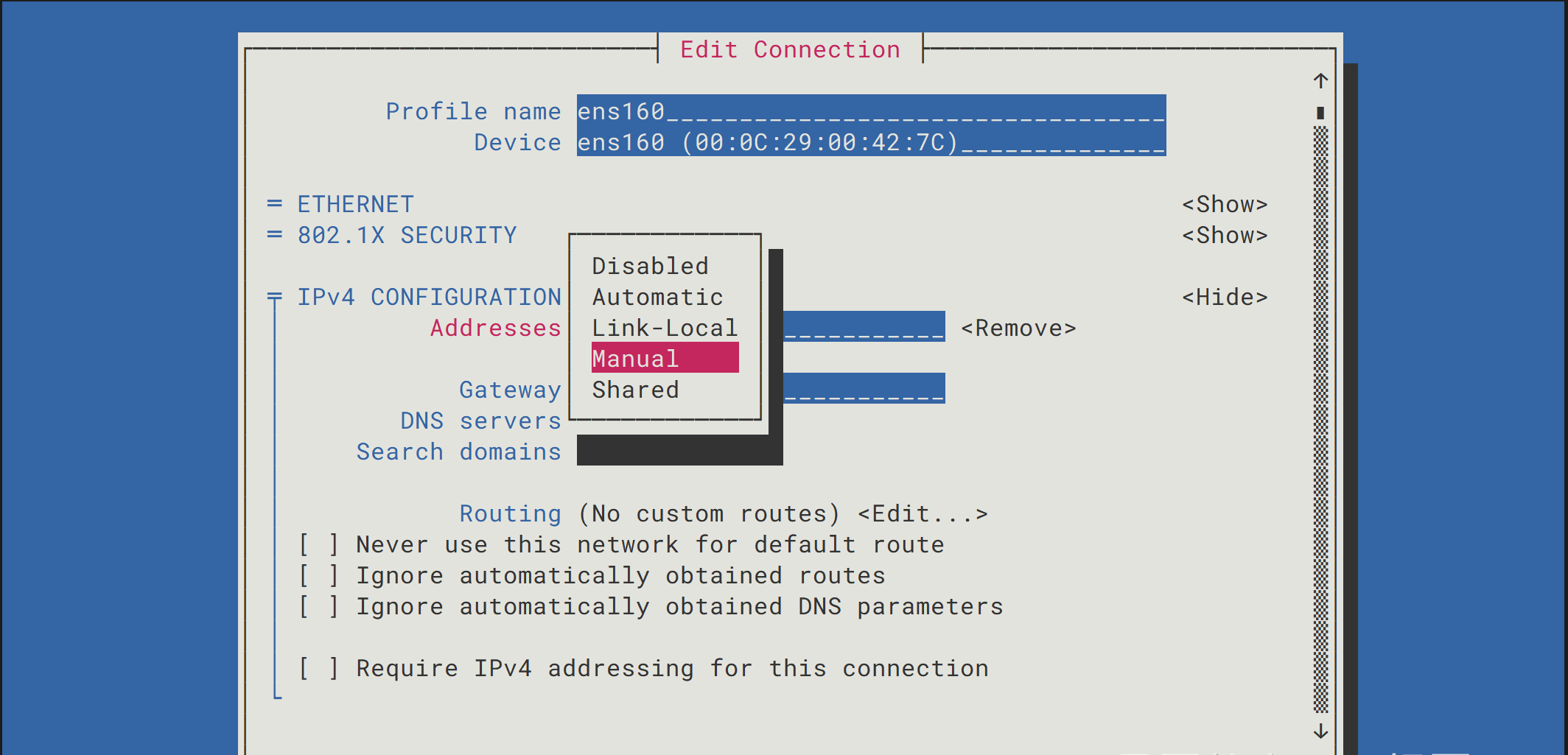 IPv4 配置选择 Manual