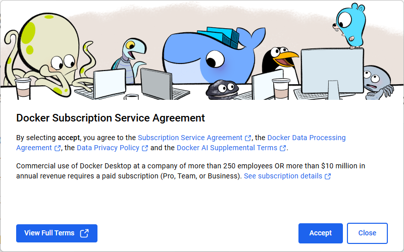 Docker Desktop 服务条款界面